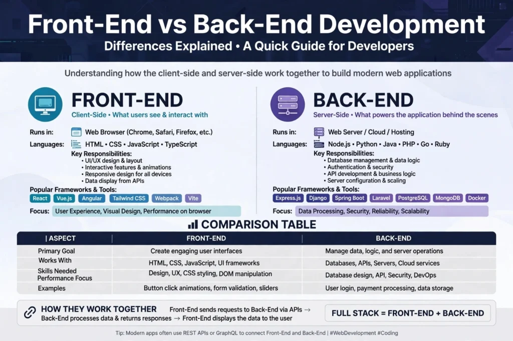 Front-end vs back-end development shown as a browser on the client side and a server on the server side