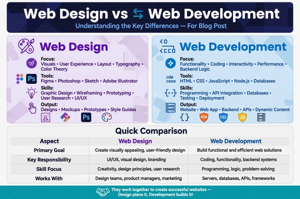 Web development vs web design comparison showing a designer's layout beside a developer's code